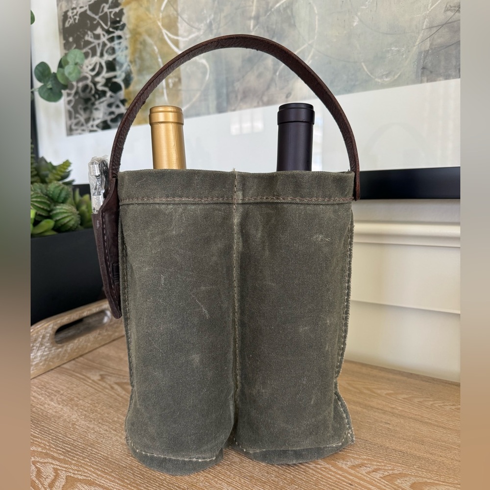 Orox Leather Co. Waxed Canvas Double Bottle Wine Caddy with Wine Key Olive Green - Picture 4 of 13